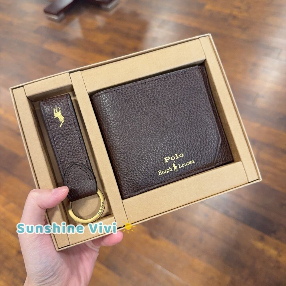 NWT Ralph Lauren Polo Men 3-IN-1 Leather Wallet & Key Fob Gift Set Dark Brown